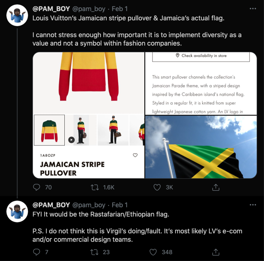 Louis Vuitton 'Jamaica jumper' features wrong flag colours, Fashion