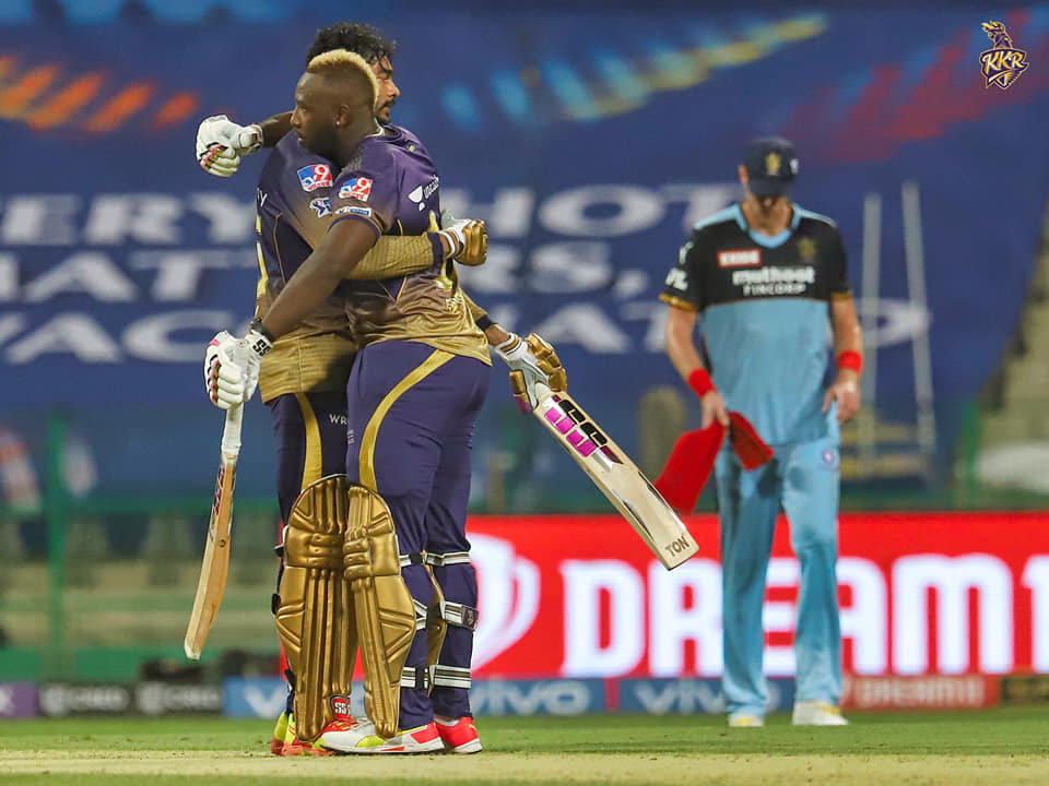 Kolkata: KKR's Andre Russell celebrates after taking the wicket of