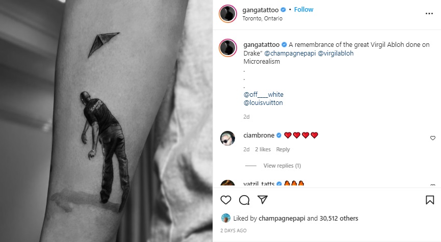 Drake gets tattoo honouring late designer Virgil Abloh