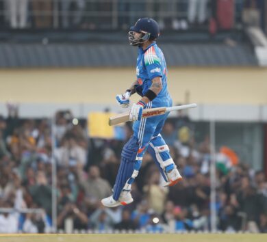 Virat Kohli of India raises his bat after scoring a hundred during the 1st ODI match between India and South Africa at JSCA International Stadium Complex, Ranchi, India on November 30, 2025. Photo: Surjeet Yadav / CREIMAS for BCCI
