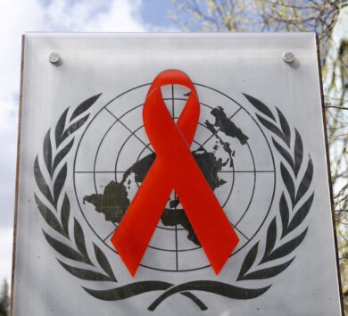 FILE PHOTO: Logo pictured outside United Nations AIDS agency (UNAIDS) building in Geneva